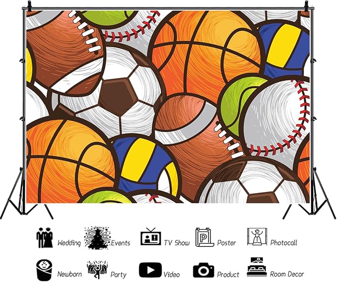 8x6ft Sports Backdrop Kids Sports Theme Birthday Baby Shower Party Photography Background Cartoon Basketball Football Baseball Decorations Banner Kids Portraits Photo Studio Props - Image 2