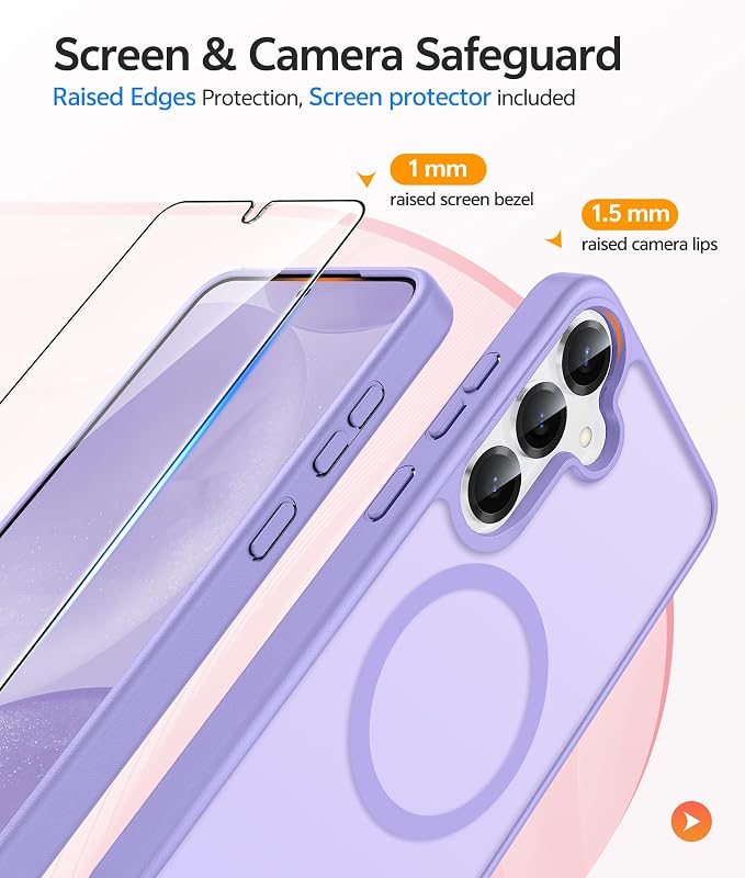 FNTCASE for Samsung Galaxy S25/S24 Case, Fit for Magsafe, Screen Protector | Translucent Matte Magnetic Back, 14FT Military Grade Drop Protection, Shockproof Protective Phone Cover, Light Purple - Image 4