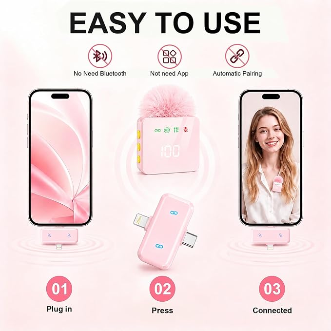2 Mini Wireless Lavalier Microphones for iPhone & Android, Noise Cancelling, Plug & Play, 60H Battery with Charging Case, Portable Lapel Mic for Content Creators, Podcast, Streaming (Pink) - Image 3