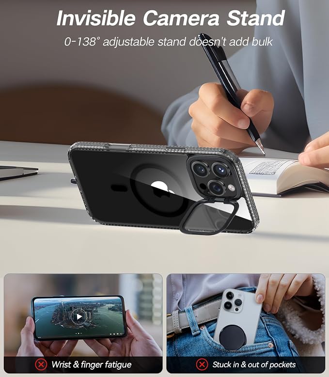 VOFATA [Upgraded] for iPhone 16 Pro Max Case with Camera Cover Stand [Fit for MagSafe][9H Camera Lens Protector] Mil-Grade Protection Transparent Magnetic iPhone 16 Pro Max Phone Case, Clear Black - Image 3