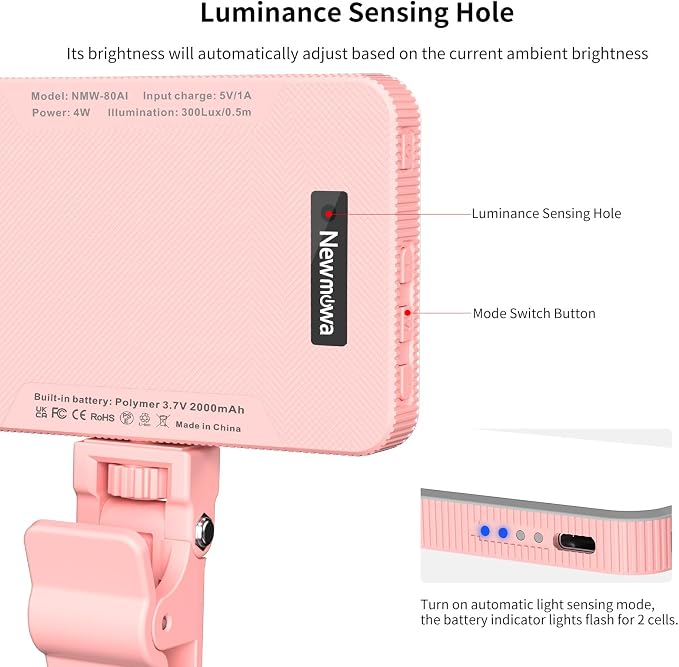 Newmowa Clip Selfie Light for Phone with Smart Light Sensor 2000mAh Pink | Rechargeable, Portable video light, for Laptop and Camera, 3 Modes, Phone light for Selfie, Makeup, Video Conference, TikTok - Image 2