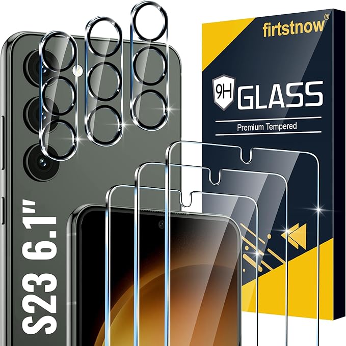 firtstnow 3 Pack for Samsung Galaxy S23 Screen Protector Tempered Glass + 3 Pack Camera Lens Protector, Military Grade Shatterproof, 9H Hardness, Fingerprint Unlock, HD Clear Case Friendly 6.1 Inch by Unknown