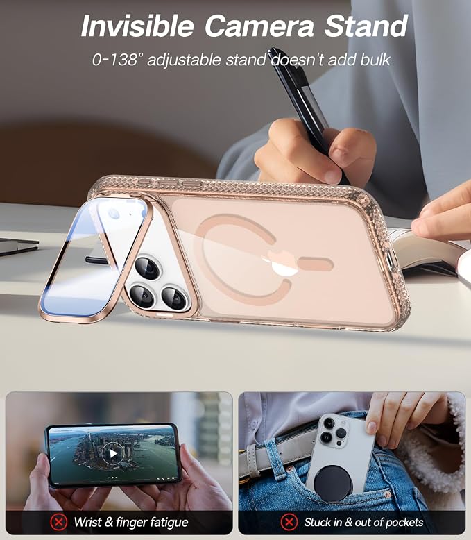 VOFATA [Upgraded Full Camera Protection] for iPhone 17 Pro Max Case with Camera Cover Stand [Fit for MagSafe][10FT Mil-Grade Protection] Transparent Magnetic iPhone 17 Pro Max Phone Case, Clear Gold - Image 4