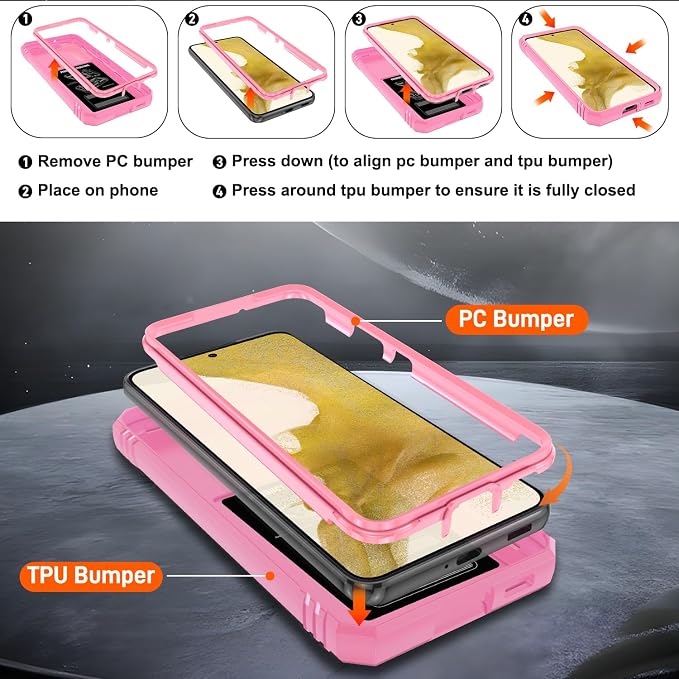 Gritup for Samsung Galaxy S22 Case with Slide Camera Cover & Screen Protector*2, 360 Rotating Ring Kickstand, Military Grade Protective Case for S22 Phone, Pink - Image 4