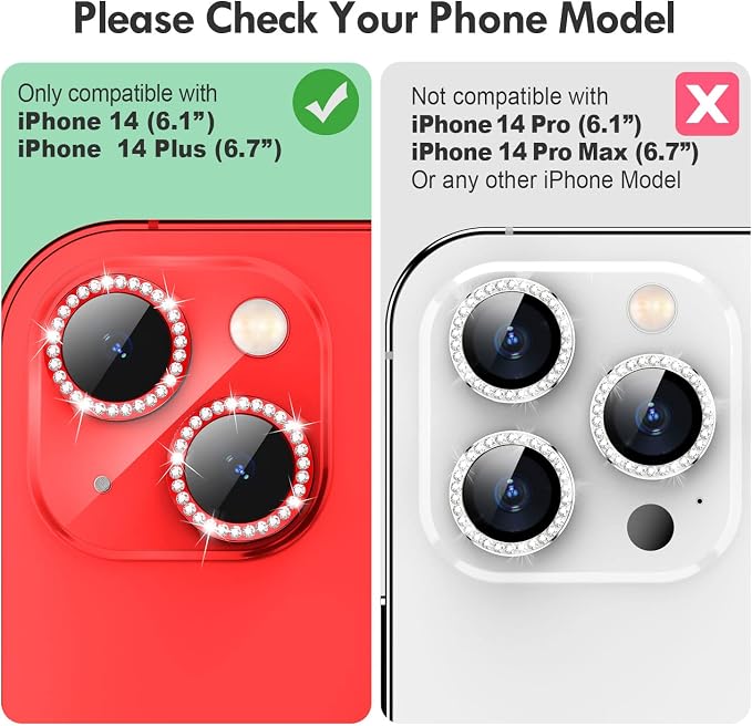 for iPhone 14/14 Plus Camera Lens Protector Bling Diamond, Red | Individual Metal, 9H Hardness, Scratch Resistant, Shockproof, Drop Protection, Case Friendly, Stylish Accessories - Image 2