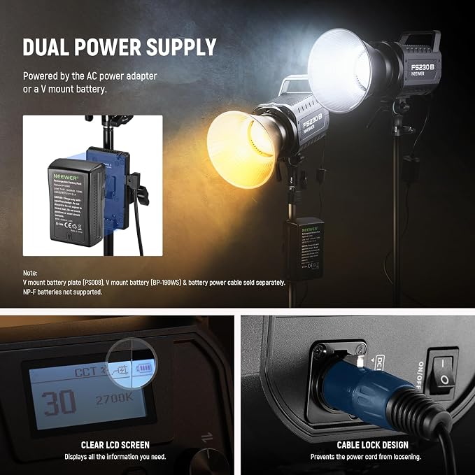 NEEWER FS230B LED Studio Video Light, 230W Bi Colour COB Continuous Lighting with 2.4G/APP Control, 110000Lux/m, 2700K-6500K, CRI 97+, Bowens Mount, Cleaning Cloth for Photography Video Recording - Image 8