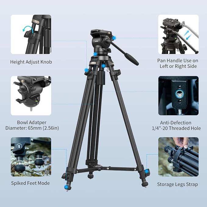 SmallRig AD-50 Carbon Fiber Video Tripod 64" Lightweight Fluid Head | Max. Payload 13.2lb, Step-Less Damping Fluid Head, Detachable Handle, Lift Rope, for Camcorder and Cameras - Image 8