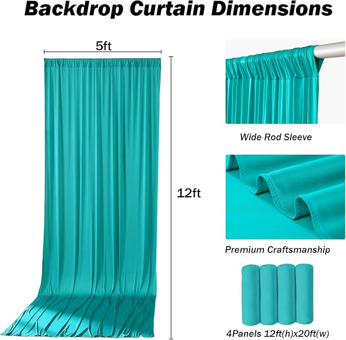 20x12 ft Turquoise Backdrop Curtains for Weddings, Birthdays and Photos | 4 Panels 5x12 ft, Wrinkle-Free Polyester Drapes, Washable, Ironable, 4 in Rod Pocket for Baby Showers Photography Background - Image 5
