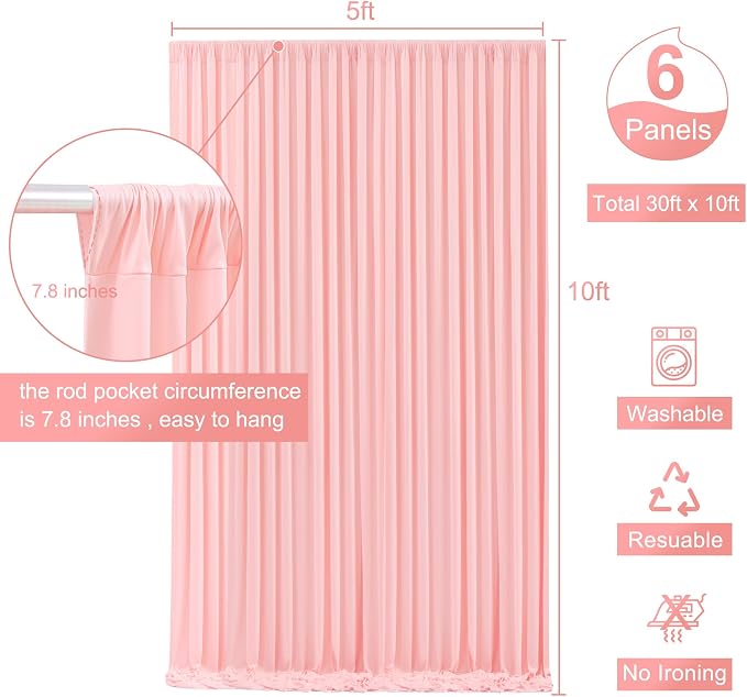 6 Panels Blush Pink Backdrop Curtain for Parties Baby Shower Wrinkle Free Pink Photo Curtains Backdrop Drapes Fabric Decoration for Wedding Birthday Party 30ft(W) x 10ft(H) - Image 5