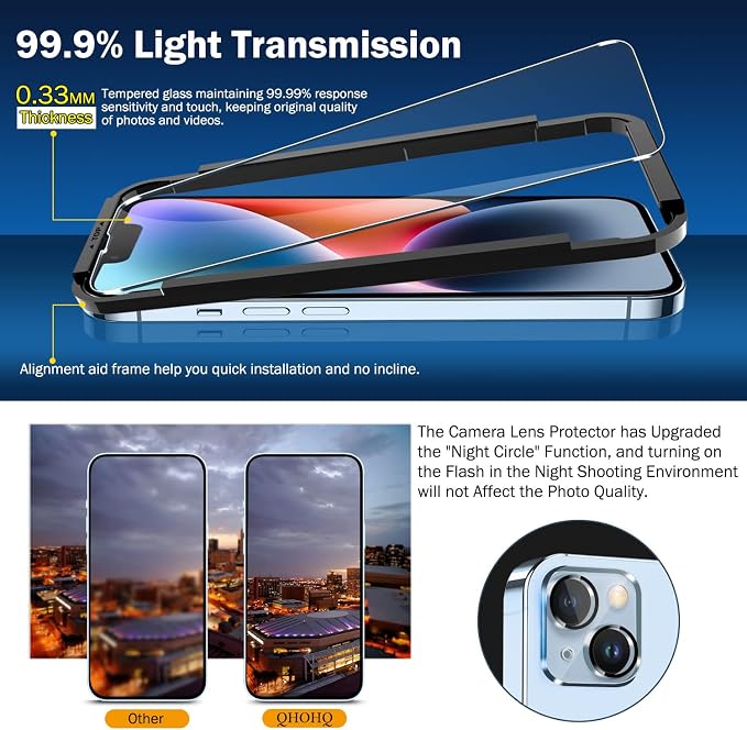QHOHQ 3 Pack Screen Protector for iPhone 14 / iPhone 13 [6.1 Inch] with 3 Pack Tempered Glass Camera Lens Protector, Ultra HD, 9H Hardness,Case Friendly - Image 2