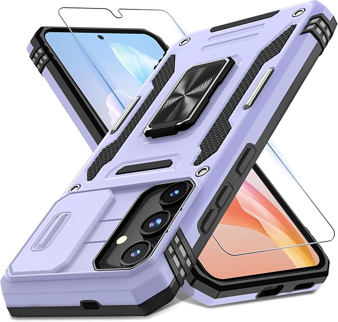 DEERLAMN Case for Samsung Galaxy S25 Plus/S24 Plus 6.7-Inch with Slide Camera Cover+Screen Protector(1 Pack), Rotated Ring Kickstand Military Grade Shockproof Protective Cover-Light Purple by DEERLAMN