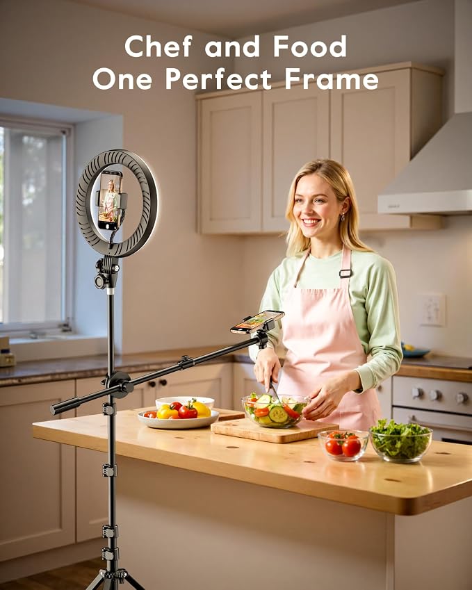 LUXSURE Ring Light with 62'' Tripod Stand for Video Recording, 10.5'' Ring Light Tripod for iPhone with 2 Shooting Positions, Overhead Phone Mount for YouTube, Makeup, Cooking - Image 3