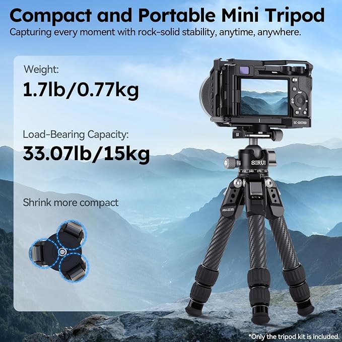 SIRUI AM-223S+G0 Carbon Fiber Mini Tripod Kit, G0 Ball Head, 16.7" | 33LB Load, 360° Panoramic Ball Head, 1.7LB Weight, DSLR, Mirrorless Camera, Desktop, Travel, Compact - Image 2