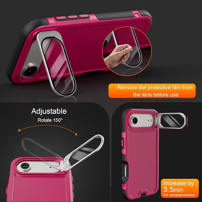 Follaroma Magnetic for iPhone 17 Air Case with Camera Stand, Hot Pink，6.5" | Built-in Glass Camera Cover Stand,Compatible with MagSafe,Heavy Duty Shockproof Protective,Military-Grade Anti-DropDual Case - Image 2