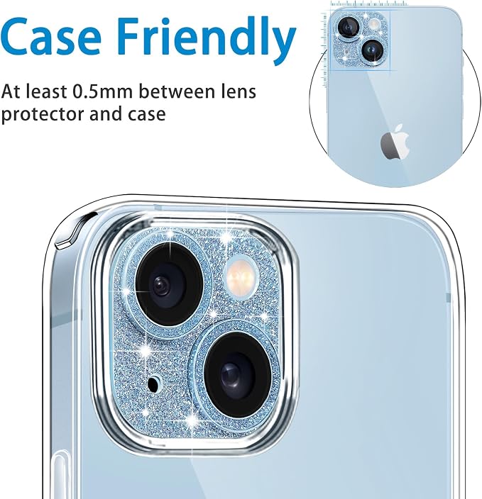 Compatible with iPhone 15 & iPhone 15 Plus Camera Lens Protector, Bling 3D Rhinestone Diamond 9H Tempered Glass Camera Cover Anti Scratch Shockproof Lens Screen Full Protective Cover - Blue - Image 6