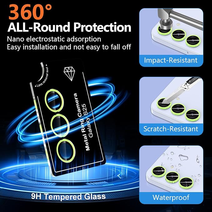for Samsung Galaxy S25 Camera Lens Protector, Individual Metal Ring Tempered Glass Lens Cover, [Strong Adsorption] Scratch Resistant Ultra-Thin HD Clear Lens Cover, 1 Set-Yellow Shine - Image 4
