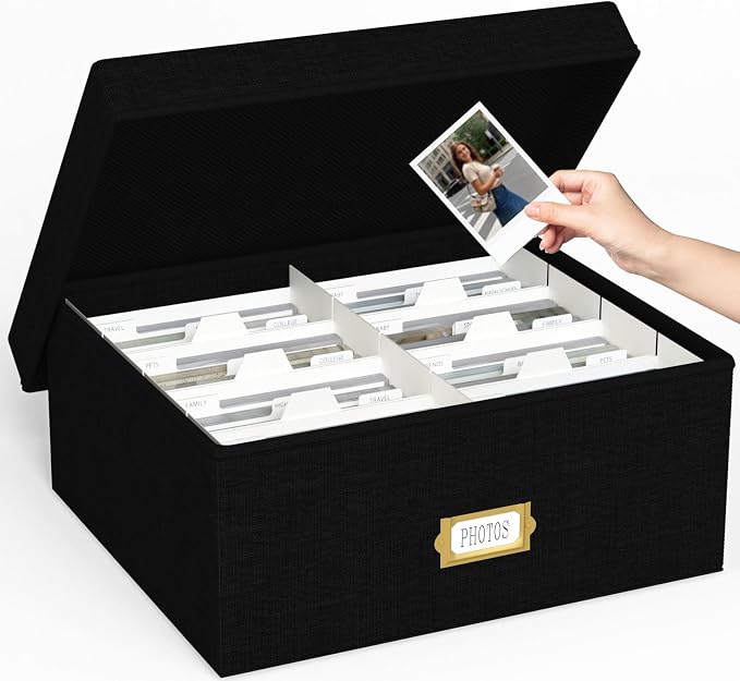Decorative Photo Storage Box, Linen Photo Box Holds 1700 4x6 Pictures Black | Photo Storage Containers with 8 Dividers, Memory Keepsake Organizer for Photos, Scrapbook Supplies, Cards, Stamps,Archive Box by JOLENSOY