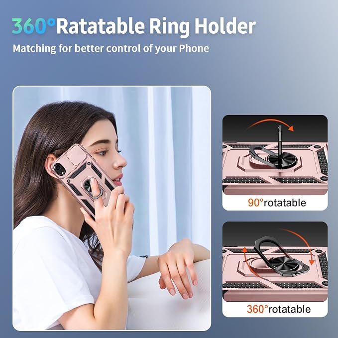 for iPhone XR Case with Camera Lens Cover, HD Screen Protector, 10 FT Military Grade Drop Protection, Magnetic Ring Holder Kickstand Protective Phone Case, Rose Gold - Image 6