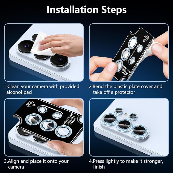 for Samsung Galaxy S26 Ultra Camera Lens Protector, Individual Metal Ring Tempered Glass Lens Cover, [Strong Adsorption] Scratch Resistant Ultra-Thin HD Clear Lens Cover, 1 Set-Blue Sparkly - Image 7