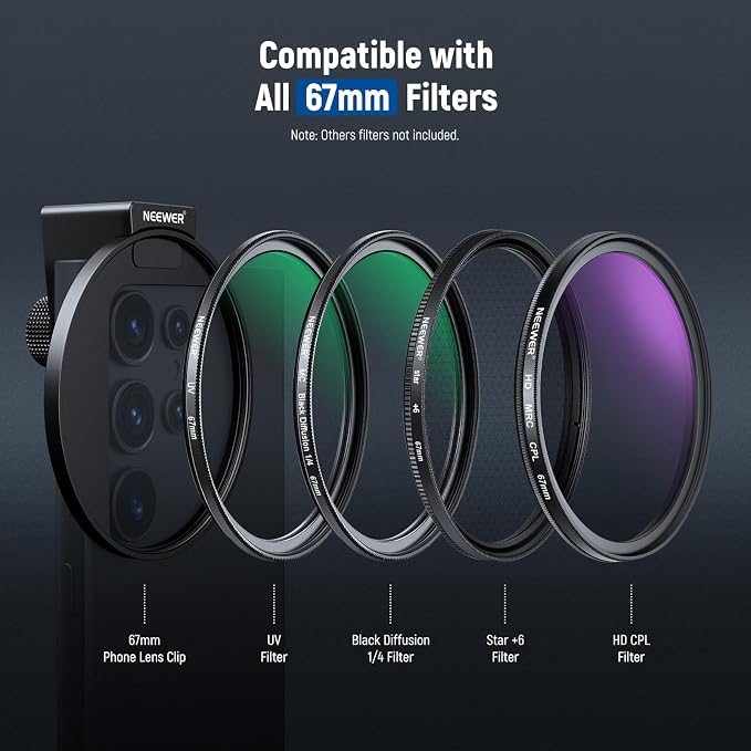 NEEWER 67mm Black Diffusion 1/4 Filter for Mist Cinematic Effect & Cold Shoe Phone Clip, Pouch & Lens Cleaning Cloth, Compatible with iPhone 17 16 16e 15 Pro Max Android Samsung Galaxy S26 Ultra - Image 6