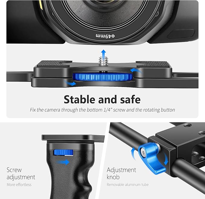 NEEWER Camera Video Cage Film Movie Making Kit, Aluminum Alloy with Top Handle, Dual Hand Grip, Two 15mm Rods, Compatible with Canon Sony Fujifilm Nikon DSLR Camera and Camcorder (Black + Blue) - Image 4