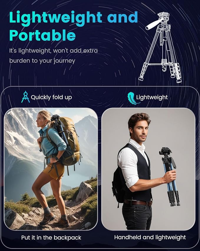 CAMBOFOTO 74″ Camera Tripod, 360° Aluminum Lightweight Tripod/Navy Blue | Heavy‐Duty Professional Tripod Stand for DSLR & Mirrorless Cameras/Smartphones/GoPro, with 360° Pan Head/Phone Mount - Image 4