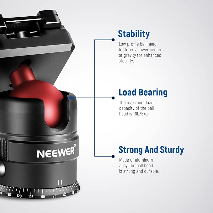 NEEWER Tripod Head, 360° Rotating Panoramic Ball Head with 1/4” Quick Shoe Plate for Tripod Monopod Slider DSLR Camera Camcorder, Max Load up to 5kg/11lb – GM28 - Image 6