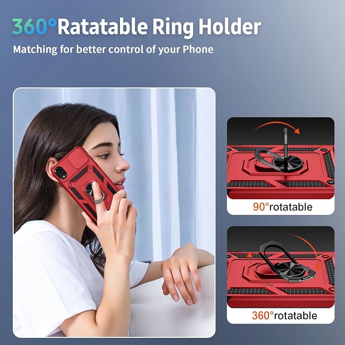 for iPhone XR Case with Camera Lens Cover, HD Screen Protector, 10 FT Military Grade Drop Protection, Magnetic Ring Holder Kickstand Protective Phone Case, Red - Image 6