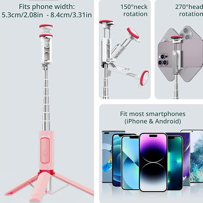 Selfie Stick, Foldable Cellphone Tripod with Remote, Travel Tripod for iPhone Series Android, Video Recording - Pink - Image 5