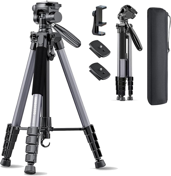 CAMBOFOTO 74″ Camera Tripod, Phone Tripod for iPhone Lightweight Tripod | 360° Pan Head Gunmetal Gray Heavy‐Duty Tripod Stand for DSLR & Mirrorless Cameras/Smartphones/GoPro, with Phone Mount by CAMBOFOTO