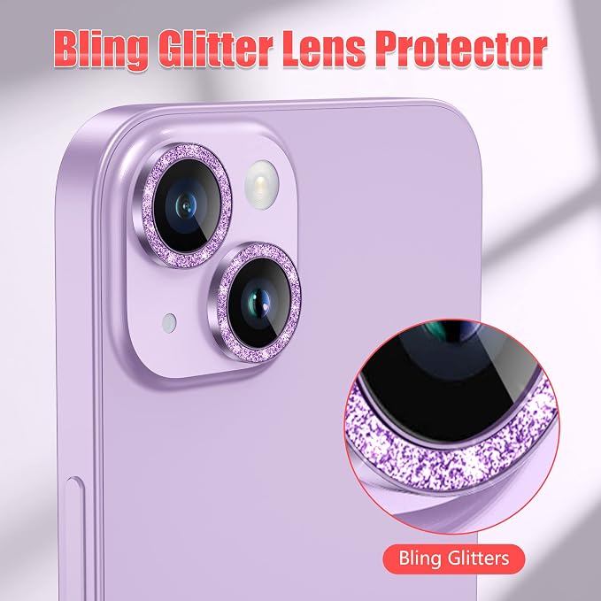 AGVEE 3+3 6 Pack for iPhone 14/14 Plus Camera Lens Protector Cover | Individual Bling Diamond & Bling Glitter Sparkle Cute Gem Metal Ring, 9H Tempered HD Glass - Image 5