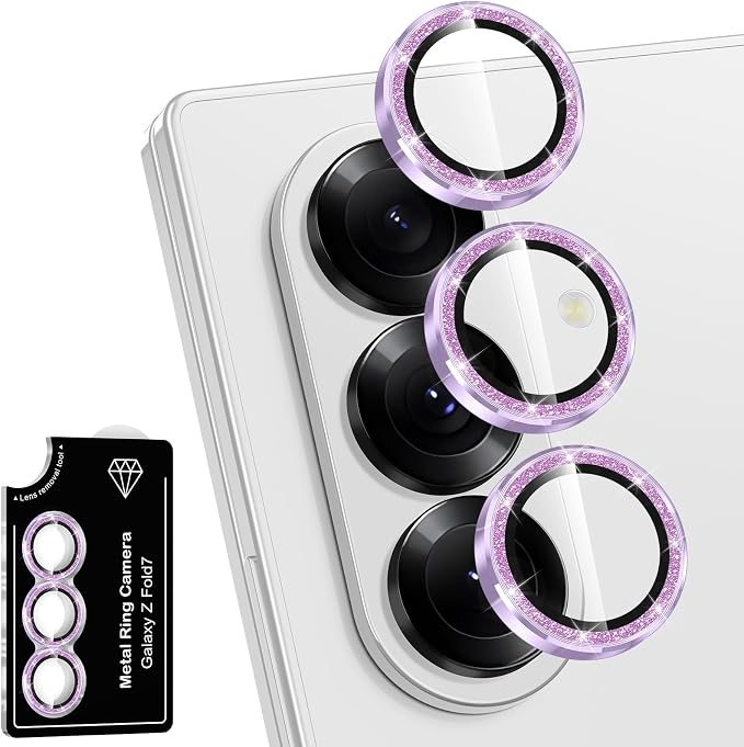 for Samsung Galaxy Z Fold 7 Camera Lens Protector, Individual Metal Ring Tempered Glass Lens Cover, [Strong Adsorption] Scratch Resistant Ultra-Thin HD Clear Lens Cover, 1 Set-Purple Sparkly by Btscase