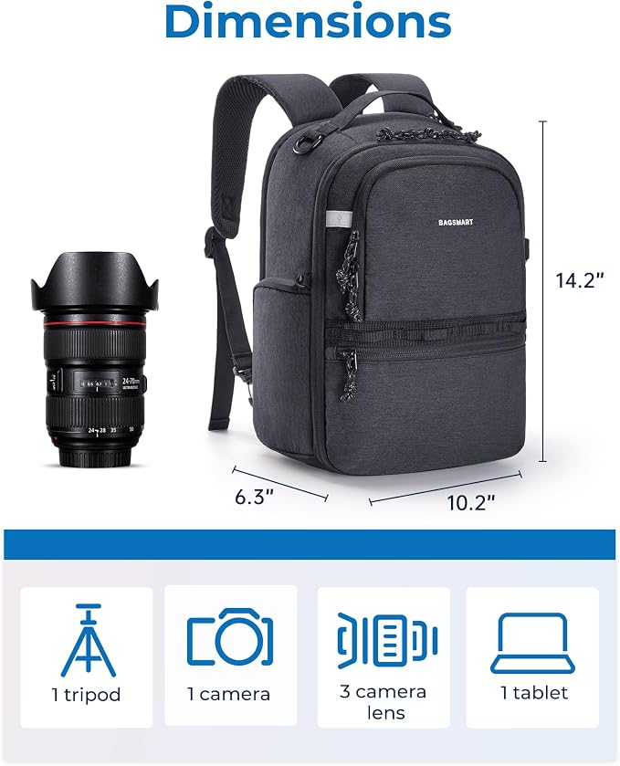 BAGSMART 2 in 1 Small Camera Backpack for DSLR, Fits 12.9" iPad, Black | Small SLR Camera Bags for Photographers with Shoulder Strap, Compatible for Sony Canon Nikon, Travel Backpack for Men Women - Image 6