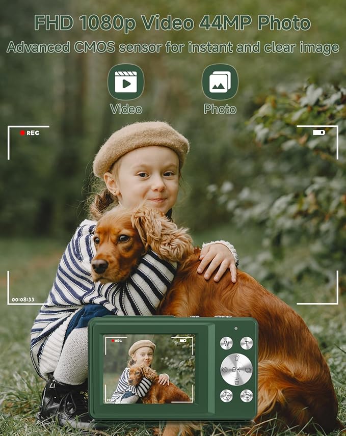 Digital Camera for Kids, FHD 1080P 44MP Point and Shoot Digital Camera with Face Detect, Smile Capture, 16X Zoom, 20 Filters, Anti Shake, 32GB SD Card Green Compact Vintage Camera - Image 2