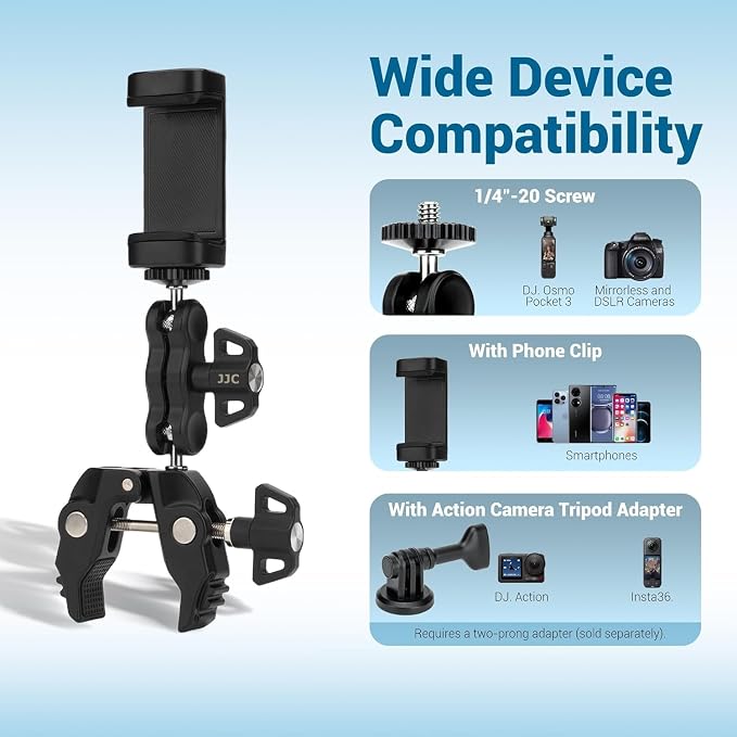 Super Clamp Camera Mount Kit with 360° Dual Ballhead Magic Arm,1/4" and 3/8" Threaded Holes,Action Camera Phone Holder Adapter for Dji Osmo Pocket 4 Monitor LED Light Microphone Desk Tripod Motorcycle - Image 4