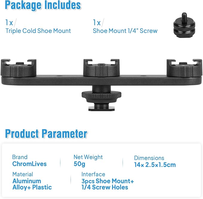 ChromLives Triple Cold Shoe Extension Mount Hot Shoe Base Adapter Extension Bar Bracket with 1/4 Screw for Tripod/Microphone/LED Light Compatible with Canon Sony Cameras… - Image 4
