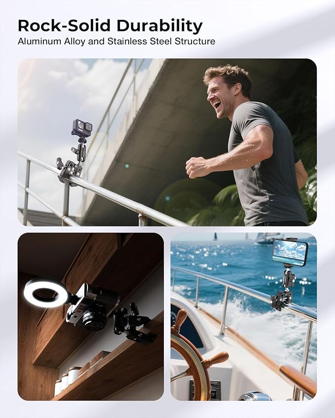CAMBOFOTO Super Clamp Camera Clamp Mount, 360° Dual Ball Head Magic Arm | Action Camera Adapter & Phone Holder Included, 1/4" & 3/8" Threads for DSLR/GoPro/Lights/Insta360/Tripod/Desk/Handlebar/Pole - Image 6