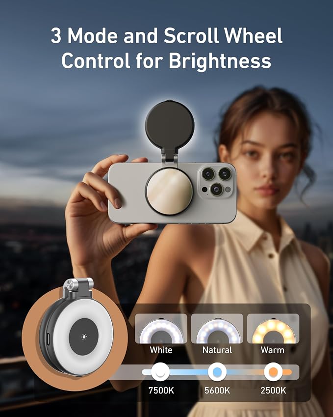 TELESIN C03 Strong Magnetic Phone Selfie Light for iPhone Magsafe | CRI97 360° LED Beauty Selfie Ring Fill Light with Mirror for Selfies/Photography/TikTok/Zoom Calls/Video Conference(Black) - Image 2