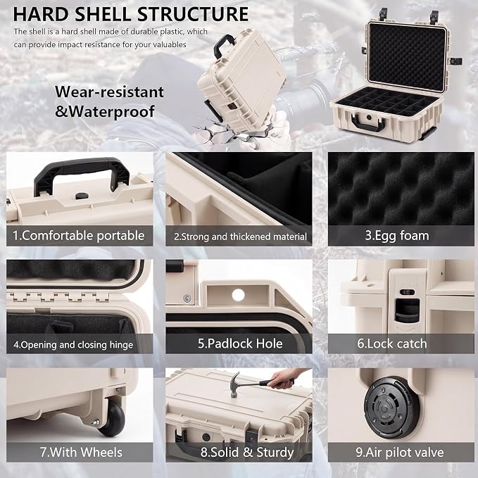 Relaxweex Rolling Camera Hard Case with Padded Dividers & Wheels, Impact-resistant Hard Shell Travel Case for Cameras, Lenses & Accessories(26 x 20 x 10 Inch,Sand Color) - Image 3
