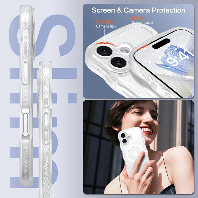 BENTOBEN Magnetic for iPhone 17 Case, Cute Wavy Full Camera Protection [Compatible with MagSafe] Translucent Matte Anti-Slip Bumper Women Girls Boys Protective Cover for 17 6.3", Clear White - Image 4