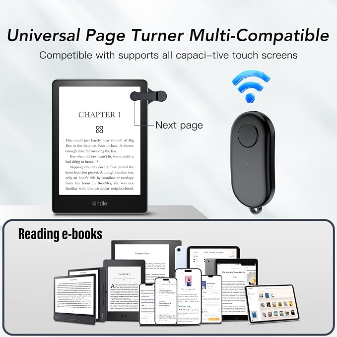Remote Control Page Turner for Kindle Paperwhite Oasis Kobo eReaders,Kindle Clicker Page Turner Accessories for iPhone,iPad, Android Tablets Reading Novels,Camera Video Record&Shutter Selfie (Black) - Image 2