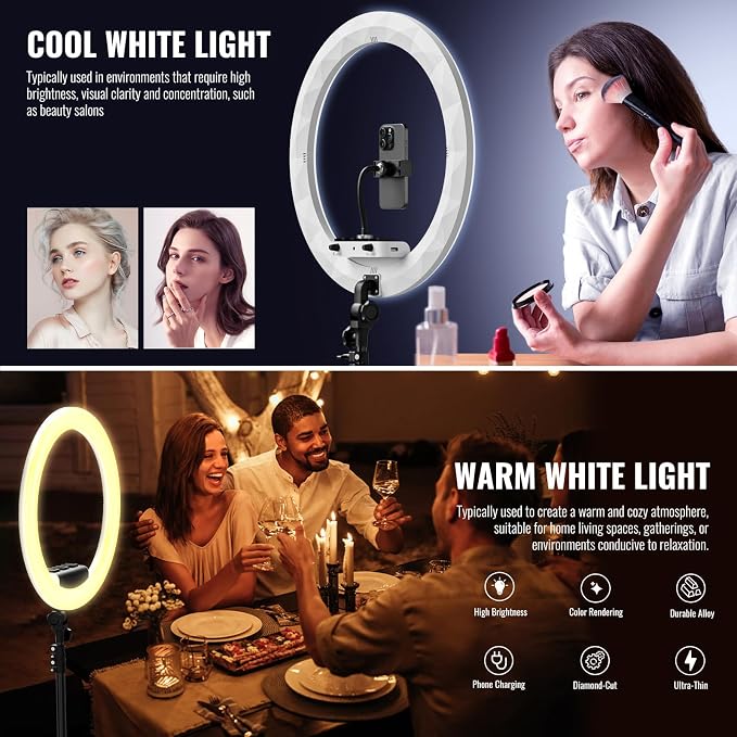 Ring Light with Stand, 19in LED Selfie Circle Light, Max 8ft/2.5m Tripod Stand, 3 Holders for iPhone, Remote Control, 6300K Color Temperature for Live Streaming, Barber, Makeup, YouTube, Tiktok - Image 2