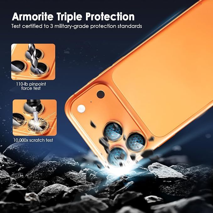 Camera Lens Protector for iPhone 17 Pro & 17 Pro Max, Orange | AR+AF, 9H Tempered Glass, Individual Metal Ring, Anti Glare, Fall Protection, Camera Screen Cover - Image 3