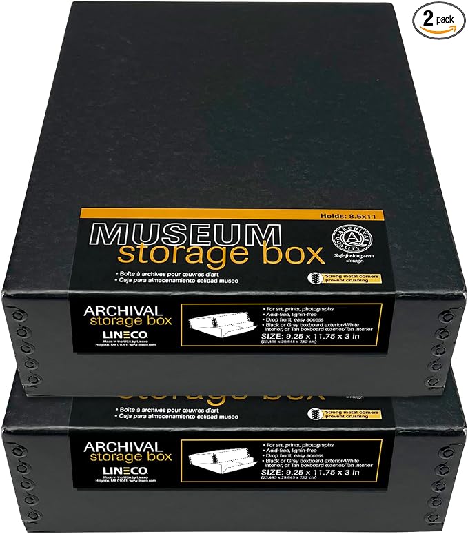 Lineco Drop Front Archival Storage Box, 9.25x11.75x3 in, Black, 2 Pack | Acid-Free with Metal Edge, Preserves Picture Longevity, Organize Photos, Newspapers, Prints, Documents, Crafts, DIY by Lineco
