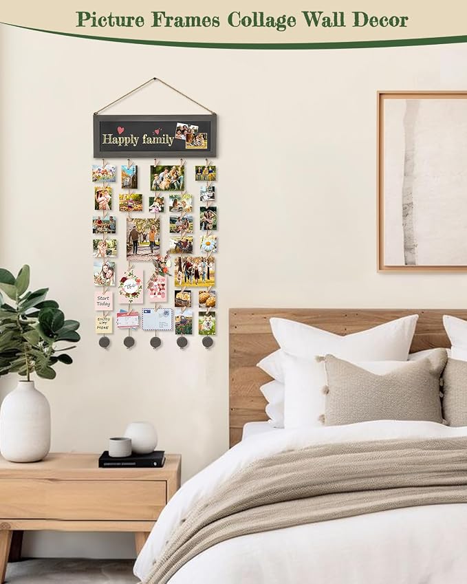 Bikoney Hanging Picture Frame Collage with Blackboard - Weathered Grey | Rustic Wood Polaroid Board with 30 Clips, Photo Display for Wall Decor & Dorm Room, Perfect Graduation Gift Idea - Image 3