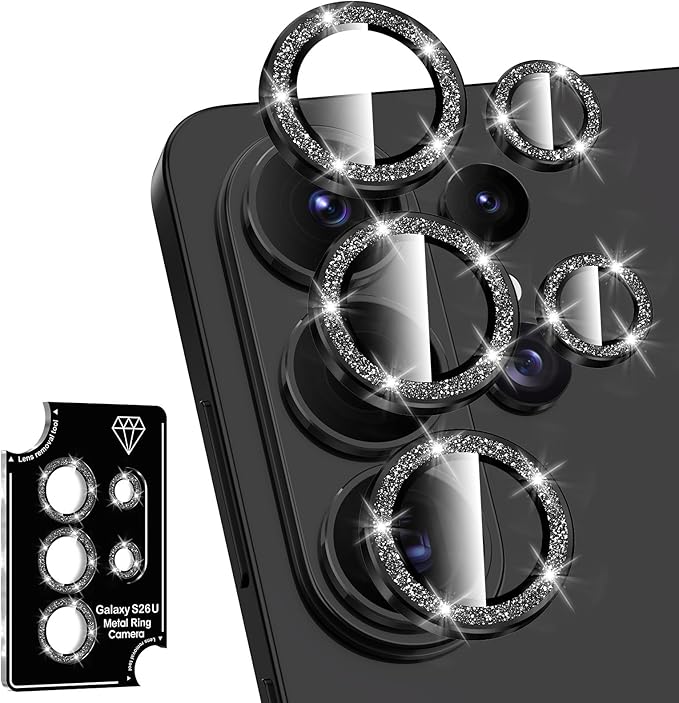 for Samsung Galaxy S26 Ultra Camera Lens Protector, Individual Metal Ring Tempered Glass Lens Cover, [Strong Adsorption] Scratch Resistant Ultra-Thin HD Clear Lens Cover, 1 Set-Black Sparkly by Btscase