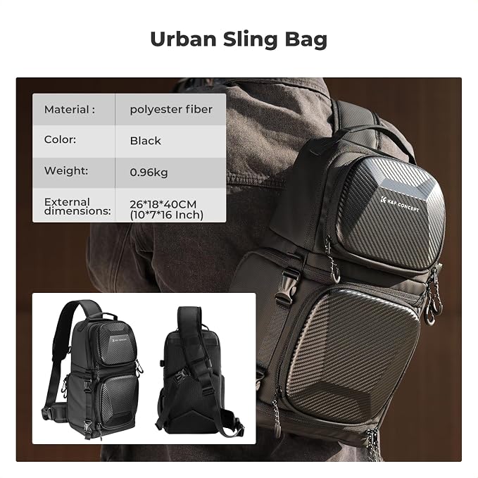 K&F CONCEPT Hardshell Camera Sling Bag, 10L EVA Case with Tripod Holder | EVA hardshell Camera Sling. Fits Mirrorless & Small DSLR. 5 Padded Dividers. Strap 33-43.7 in. Water & shock proof. - Image 7