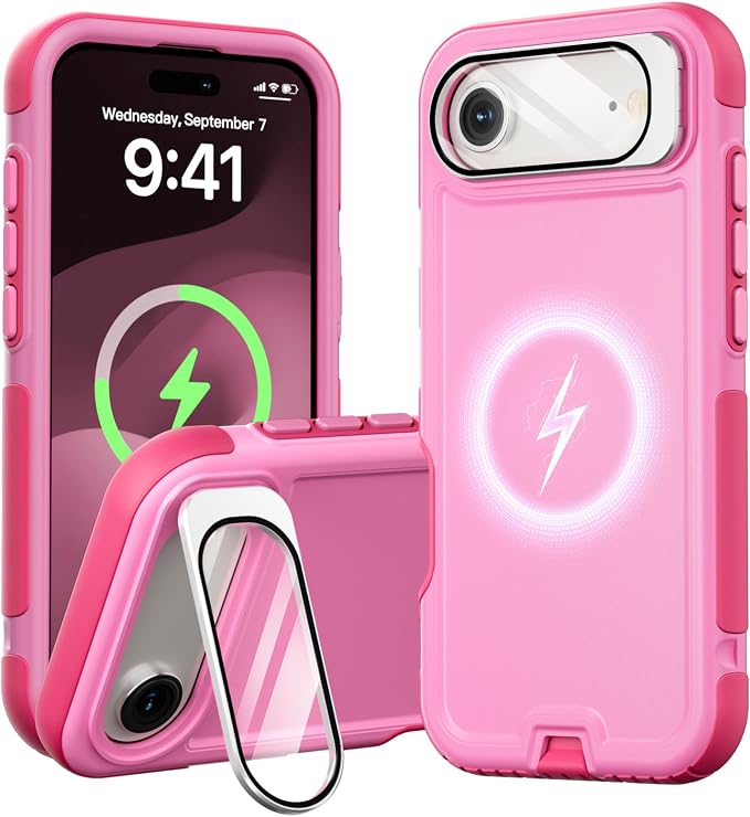 Follaroma Magnetic for iPhone 17 Air Case with Camera Cover Stand,Pink,6.5" | Built-in Glass Camera Cover Stand,Compatible with MagSafe,Heavy Duty Shockproof Protective,Military-Grade Anti-DropDual Case by Follaroma