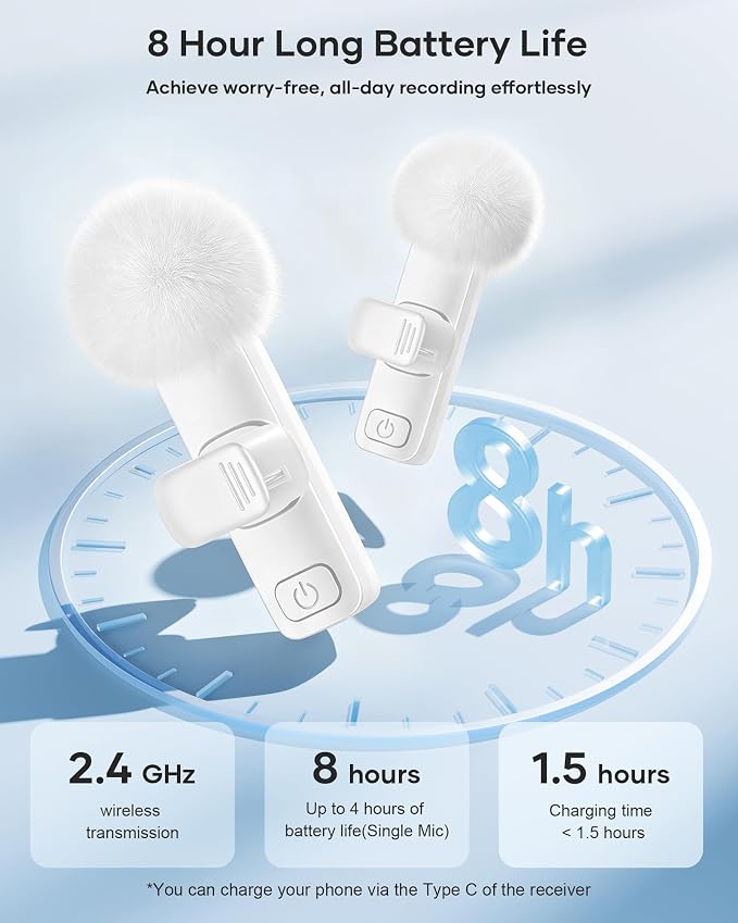 Wireless Lavalier Microphone for iPhone iPad and Android Phone, 2 Pack Lapel Mic Plug and Play Wireless Mic Noise Reduction Microphone for Video Recording Interview Podcast Vlog YouTube (White) - Image 6