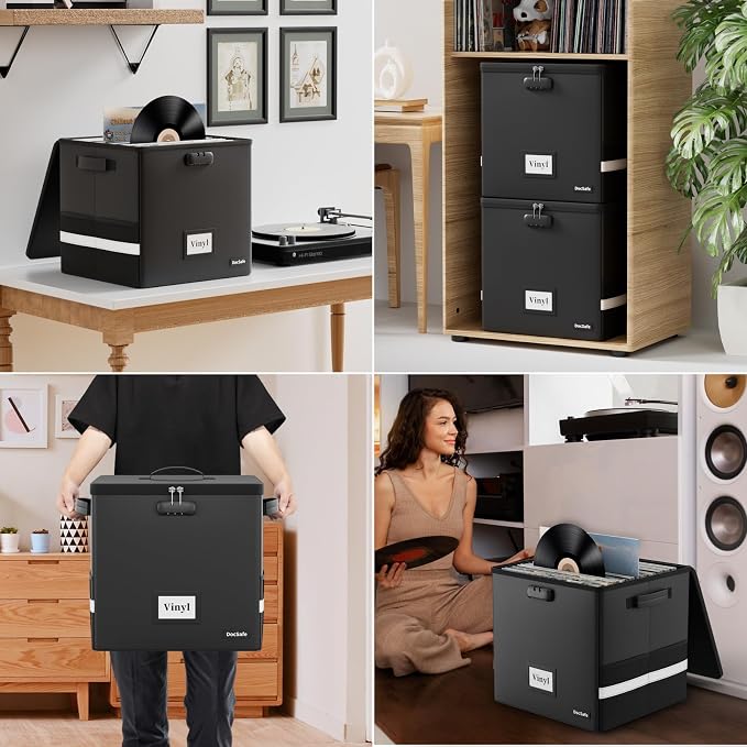 DocSafe Vinyl Record Storage Box with Lock, Fireproof Heat Insulated 5200°F Record Organizer Storage for 100+ Single Records(12-inch), Collapsible Storage Crate with Handles Safe for Home Travel - Image 5